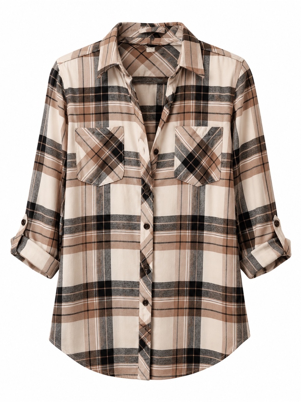 Natural Reflections Beige and Brown Plaid Button-Up Shirt